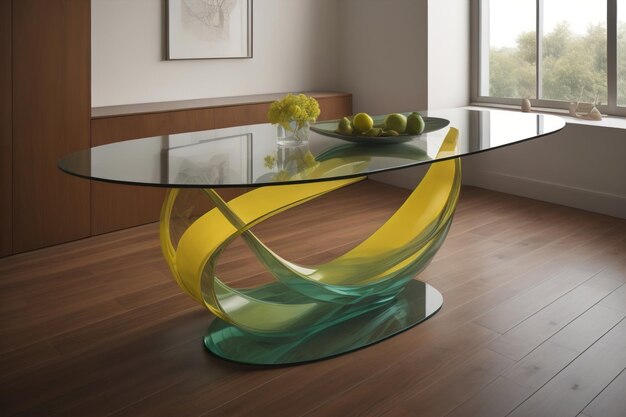 une table de verre dans une pièce ai générative