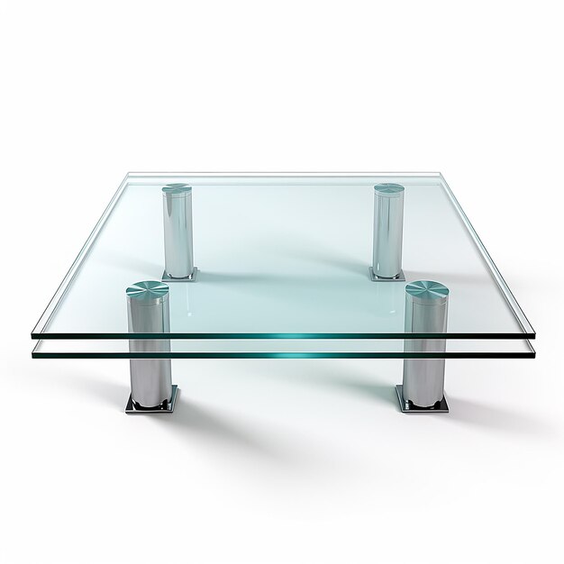 une table en verre avec un dessus en verre et une base noire avec une base carrée