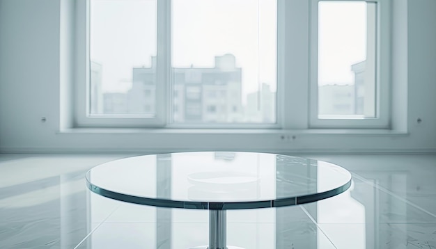 table en verre sur le fond d'une fenêtre en verre transparent