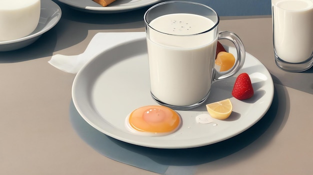 Sur la table avec un verre de lait et le petit déjeuner