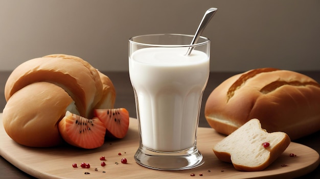 Sur la table avec un verre de lait et le petit déjeuner