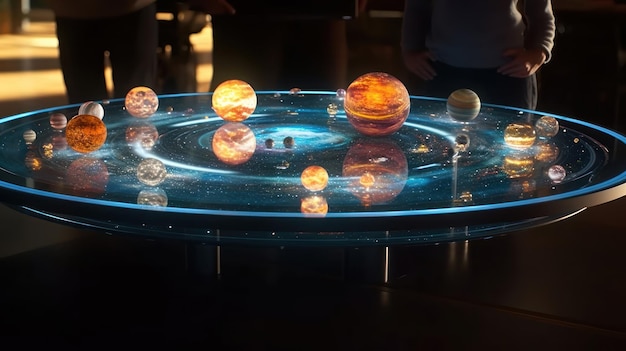 Une table en verre avec des planètes dessus et le soleil est sur une surface bleue.