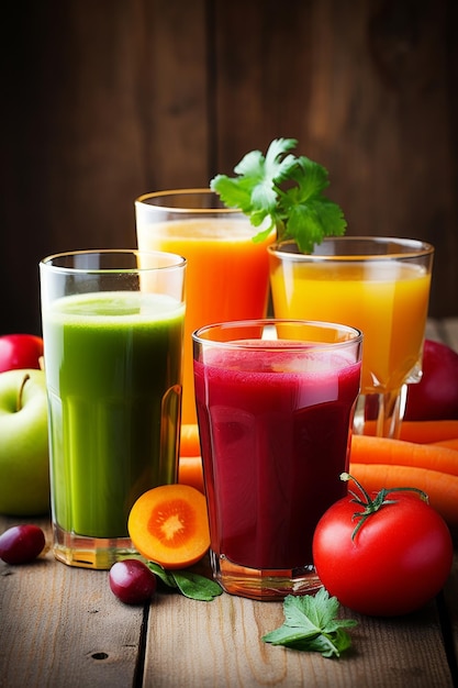 Une table avec des verres de jus colorés