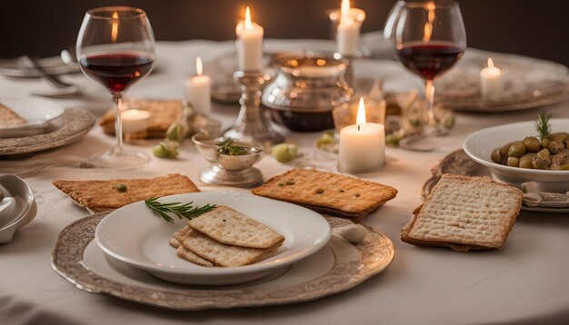 une table avec des verres de nourriture et de vin et une bougie en arrière-plan