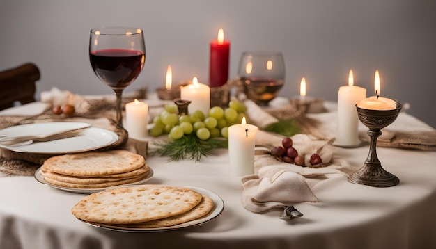 une table avec des verres à vin, des biscuits, des raisins et des verres au vin