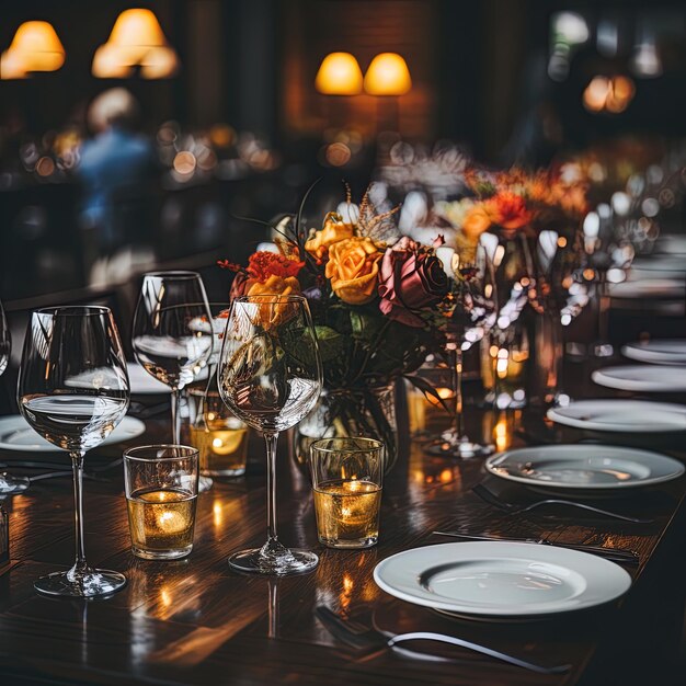 une table avec des verres de vin, des bougies et des fleurs dessus