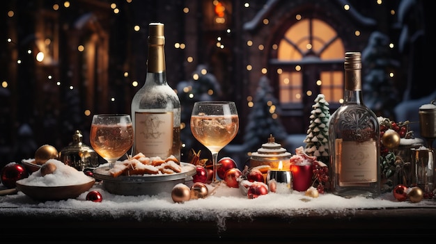 une table avec des verres à vin et une bouteille de vin