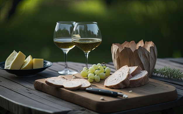 Une table avec des verres à vin et des fromages dessus