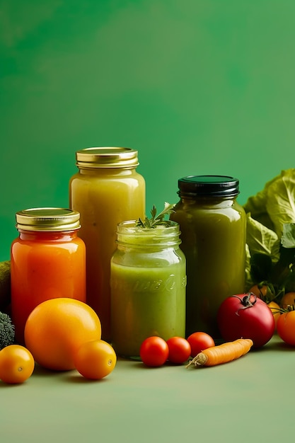 Une table verte avec des légumes et un pot de jus