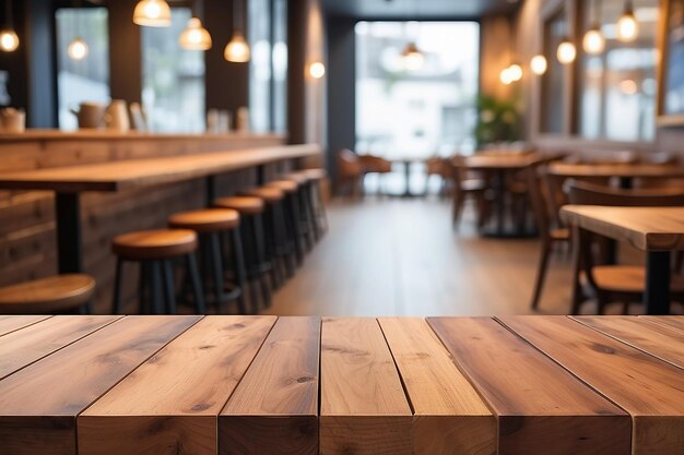Table vide en bois devant un arrière-plan flou perspective bois brun sur le flou dans le café
