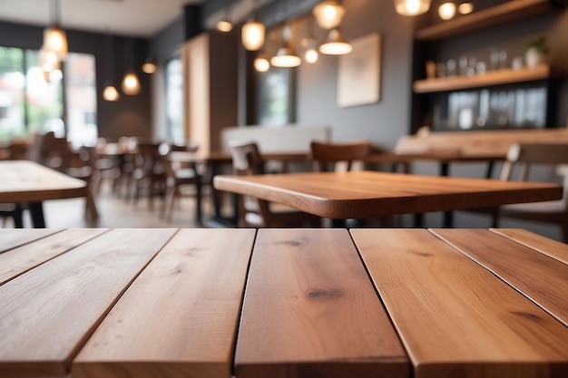 Table vide en bois devant un arrière-plan flou perspective bois brun sur le flou dans le café