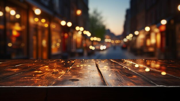 Table vide en bois devant un fond de café flou AI Generative