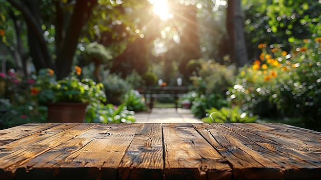 Table vide en bois devant un fond flou