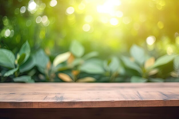 Table vide en bois avec un fond de feuille verte floue