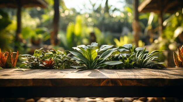 Une table vide en bois plate pour l'affichage des produits de l'arrière-plan flou de la jungle tropicale