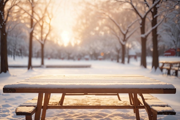 Table vide en bois recouverte de neige sur Winter Park ai générative