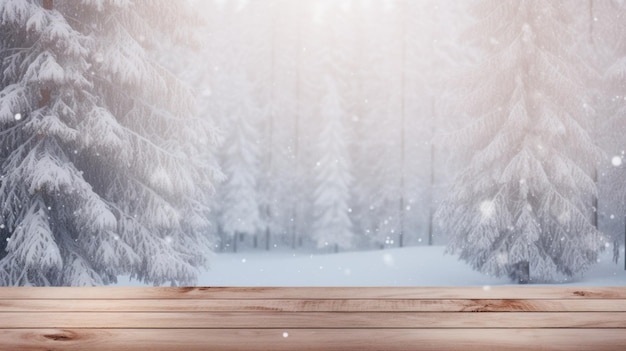 Table vide dans un magnifique paysage d'hiver planche en bois dans la neige montagne beauté en plein air