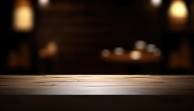 Table vide dans un salon sombre et branché avec arrière-plan flou AI générative
