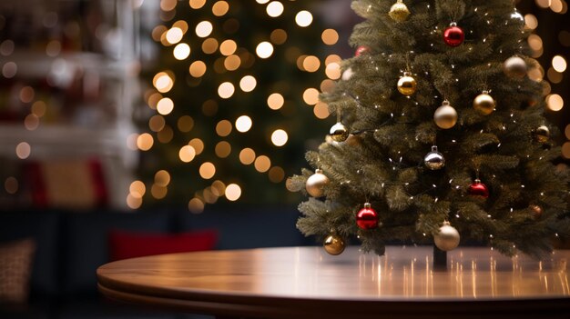 Table vide devant le sapin de Noël avec fond de décorations AI Generative