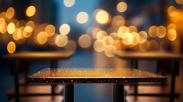 Table vide énervée juxtaposée à des lumières bokeh abstraites de restaurant