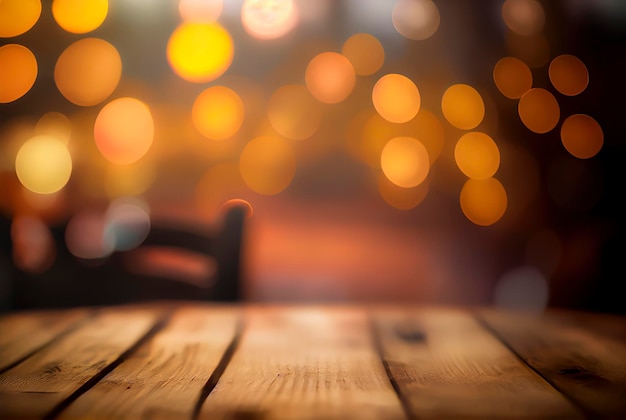 Table vide avec un fond bokeh défocalisé de lumières dorées