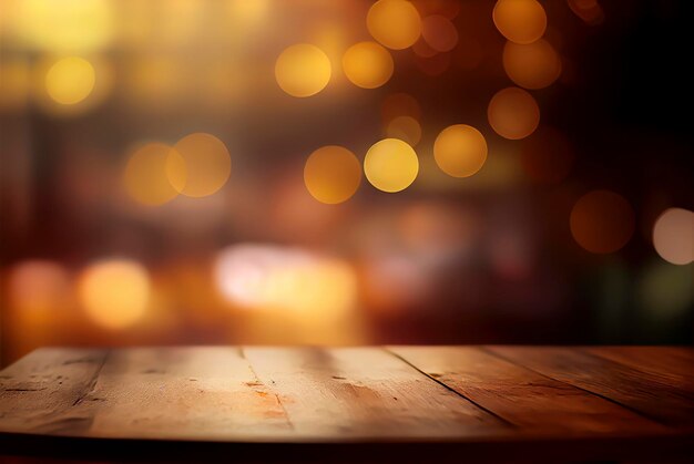 Table vide avec un fond bokeh défocalisé de lumières dorées