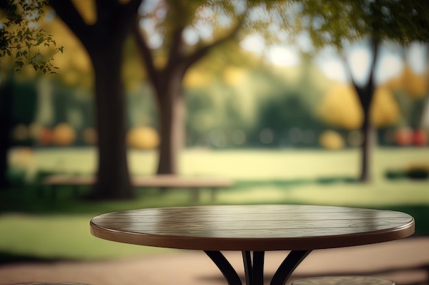 table vide avec fond de parc public flou