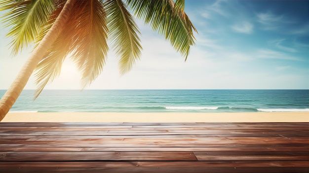 Table vide avec un palmier et une scène de plage