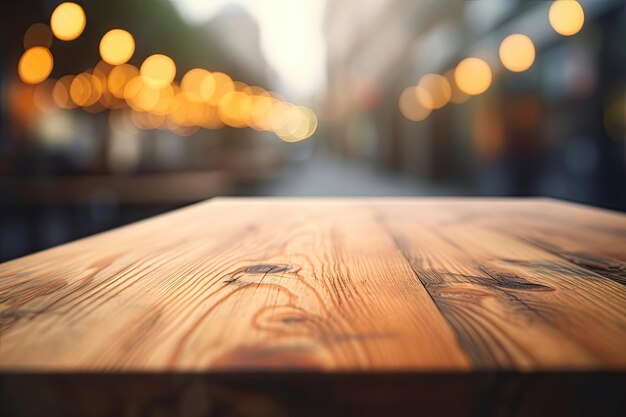 Table vide de planche de bois avec fond de feuille verte floue