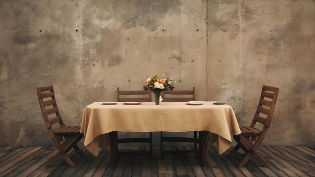 Photo table vide recouverte d'une nappe sur fond de mur de ciment brun