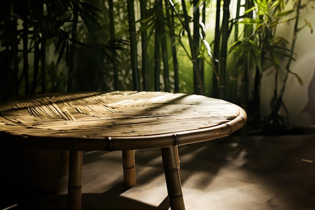 Table de vitrine de produits dans la forêt de bambous ensoleillée