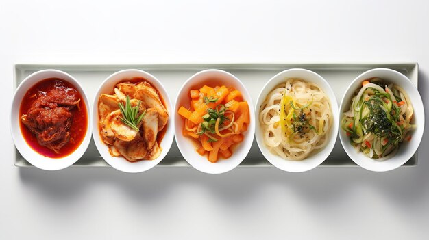 Une table avec une vue de dessus typique de la nourriture coréenne sur un fond blanc IA générative