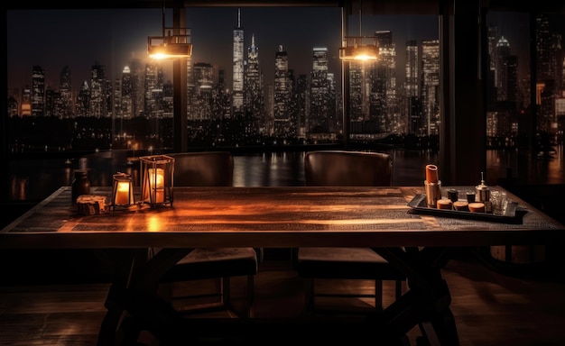 Une table avec vue sur Manhattan la nuit