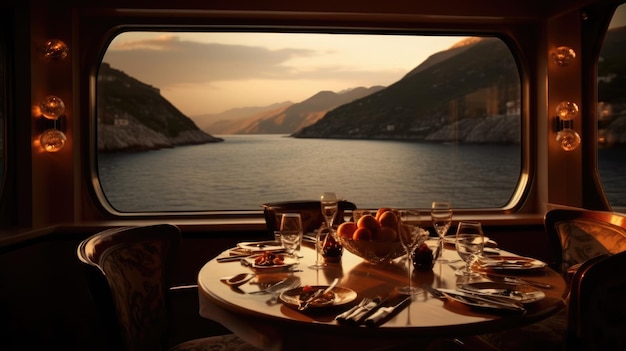 Une table avec vue sur les montagnes et la mer.