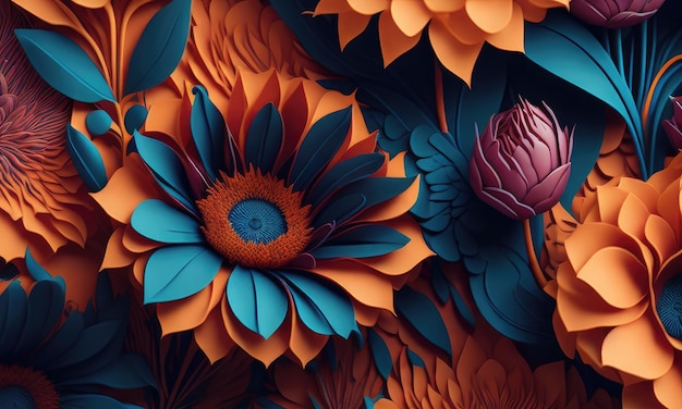 Un tableau abstrait fait de fleurs de papier dans le style de sculptures sur bois colorées