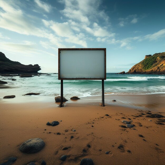Photo tableau d'affichage marin cadre vide sur la plage avec panorama de l'océan pour les médias sociaux
