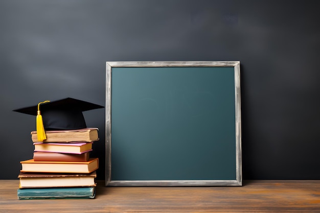 Tableau blanc avec des livres et une casquette de graduation symbolisant le début d'une nouvelle aventure d'apprentissage