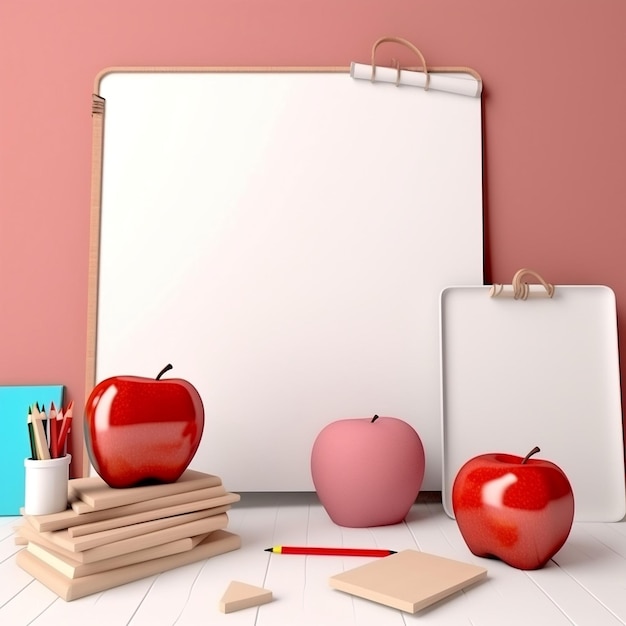 Un tableau blanc avec une pomme rouge dessus se trouve à côté d'une pile de livres.