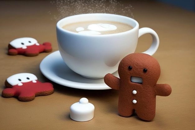 Sur un tableau blanc avec une tasse rouge de guimauves, un bonhomme en pain d'épice est affiché