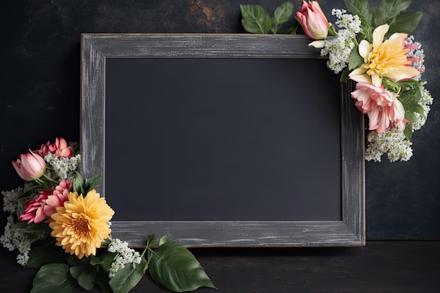 Tableau blanc vierge avec maquette de fleurs