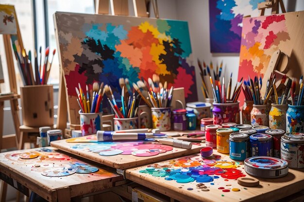 Un tableau en bois dans un studio d'art avec des peintures vibrantes et des œuvres d'art créatives