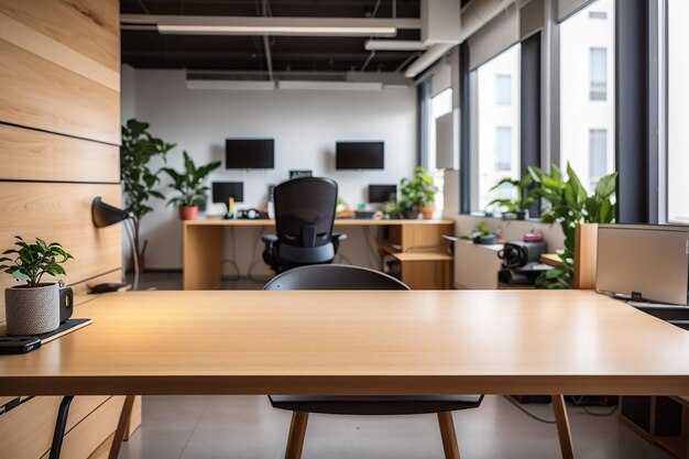 Photo un tableau en bois vide dans un bureau de démarrage technologique avec des produits technologiques innovants