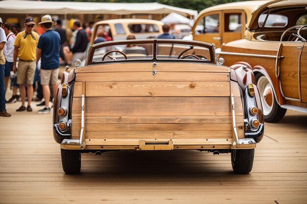 Un tableau en bois vide dans une exposition de voitures vintage parfait pour la marchandise de voitures classiques et vintage