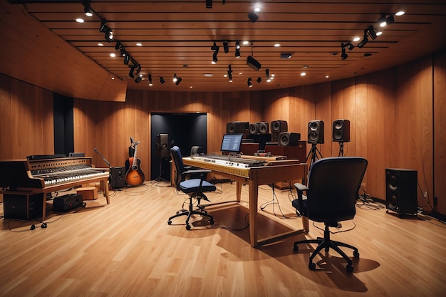 Un tableau en bois vide dans un studio d'enregistrement avec des artistes travaillant sur de la musique