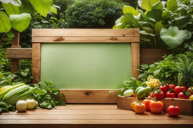 Un tableau en bois vide entouré d'un jardin vert luxuriant pour une annonce de produits frais