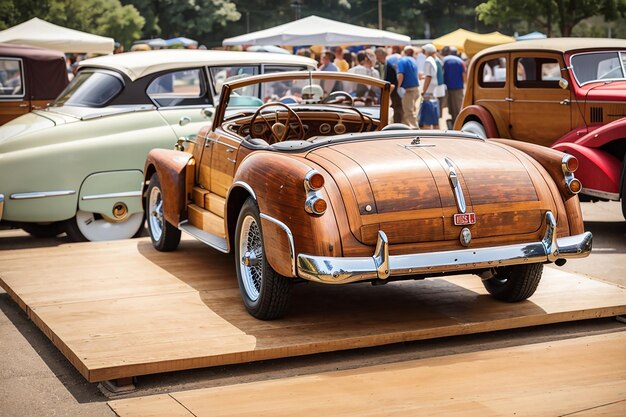 Photo un tableau en bois vide à un salon de voitures vintage avec des automobiles classiques