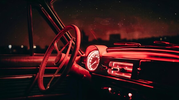 Le tableau de bord de la voiture éclairé en rouge avec un volant la nuit