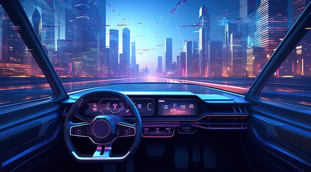 tableau de bord de voiture futuriste dans la ville au néonSynthwave ou panneau de commande d'automobile cyberpunk