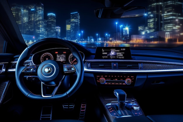 tableau de bord de la voiture avec des lumières de ville modernes vue nocturne