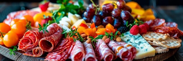 tableau de charcuterie présentant un assortiment de viandes cuites, de fromages, de fruits et de noix dans des détails vivants IA générative